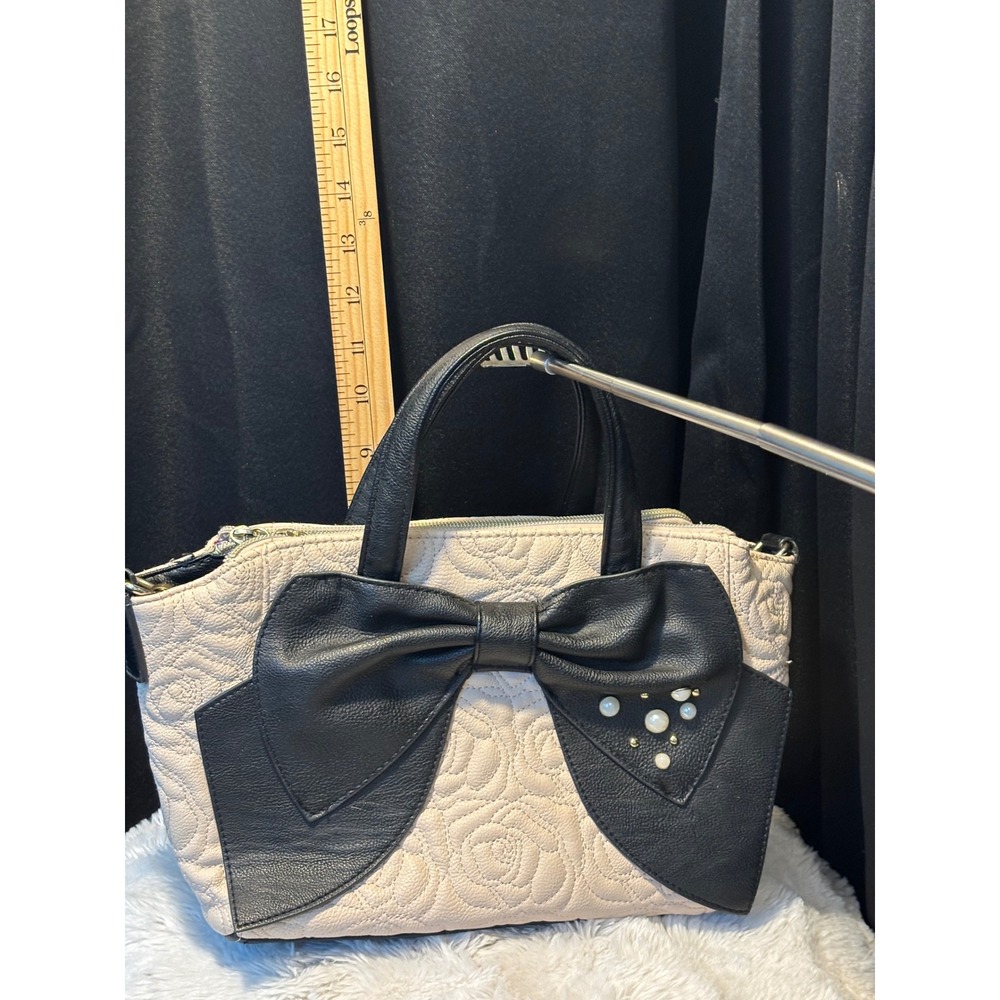 Betsey Johnson Cream Quilted Rose Satchel Black Bow Pearl Stud Handbag